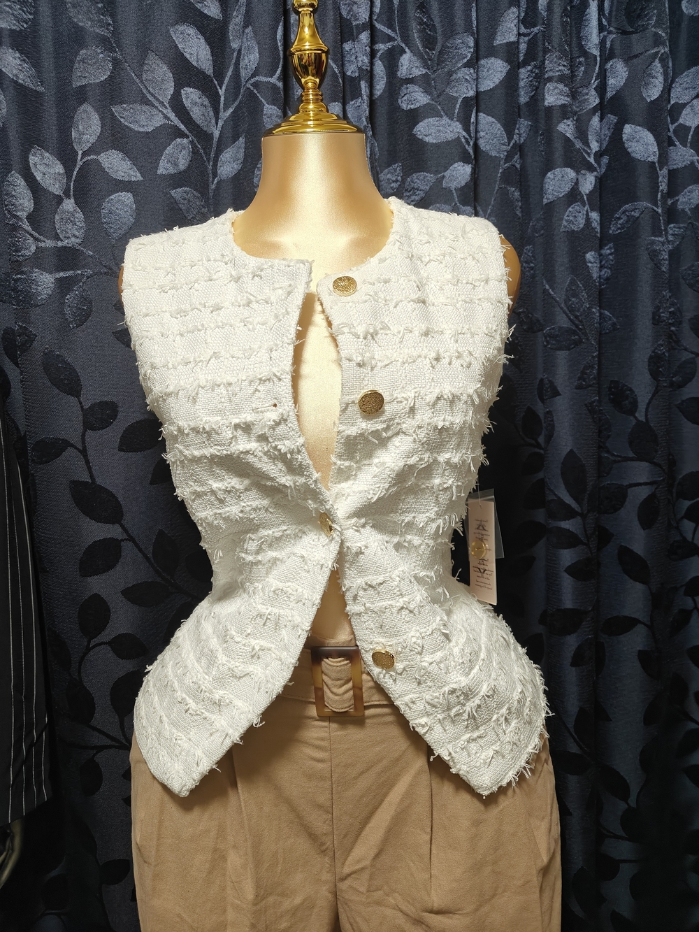Nanette Lepore Cream Tweed Sleeveless Peplum Jacket with Gold Buttons